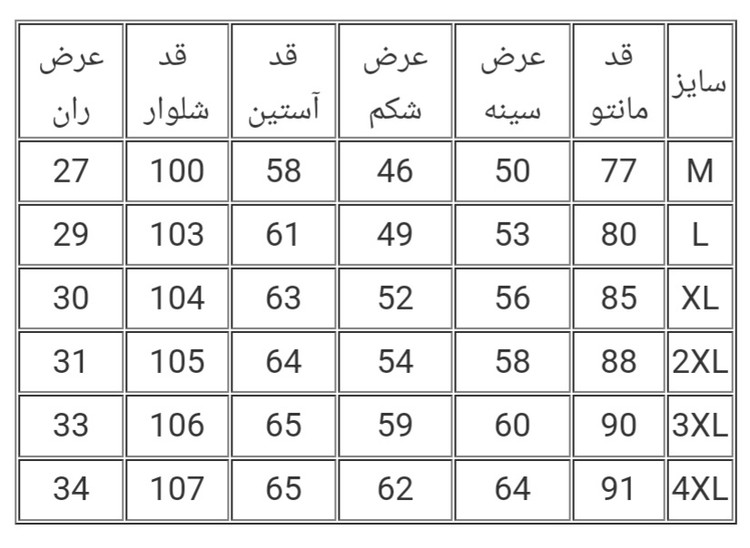 جدول سایزبندی